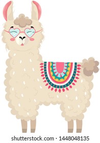 Llama illustration with glasses.Сute hand drawn elements and design for nursery design, poster, birthday greeting card.Running alpaca vector illustration