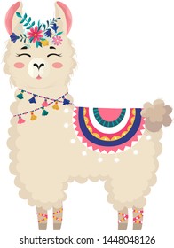 Llama illustration with wreath of flowers, cute hand drawn elements and design for nursery design, poster, birthday greeting card.