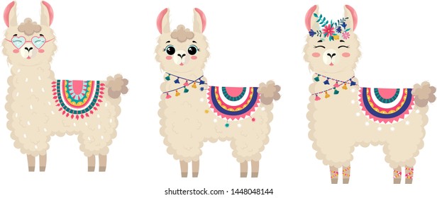 Llama illustration.Three cute hand drawn animals and design for nursery design, poster, birthday greeting card.Peruvian alpaca vector illustration