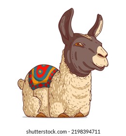 A Llama, isolated vector illustration. Funny cartoon picture of a calm alpaca lying. A drawn animal sticker. Simple drawing of a cute llama on white background. A wild Peruvian animal