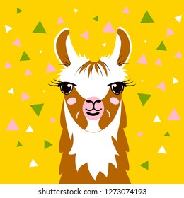 Llama. Lama vector illustration. Cute funny trendy design for children, kids, smile, magic animal. Birthday card, sticker, fabric textile 