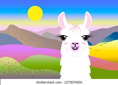 Llama. Lama vector illustration. Cute funny trendy design for children, kids, smile, magic animal. Birthday card, sticker, fabric textile 