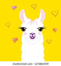 Llama. Lama vector illustration. Cute funny trendy design for children, kids, smile, magic animal. Birthday card, sticker, fabric textile 