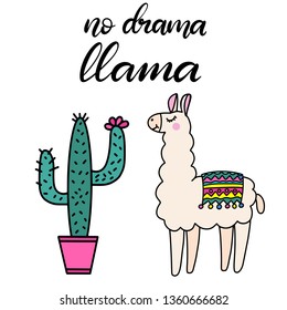 Llama lettering vector illustration with cactus  in flat style. Design elements for children clothes, baby nursery design, poster, birthday greeting card, party invitation, sale banner. EPS10