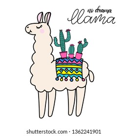 Llama lettering vector illustration with cactus. Design elements for children clothes, baby nursery design, poster, birthday greeting card, party invitation, sale banner. Hand drawn quote. EPS10
