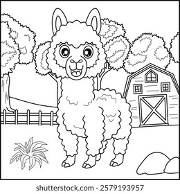 Llama line art for coloring book with simple background