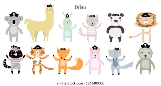 Llama, Lion, Tiger, Wolf, Panda, Cat, Bunny, Pig, Fox, Sloth, Koala, Raccoon Staying Together in Pirate Hats. Animals in Cute Trendy Modern Cartoon Childish Style. Perfect for Print, Web, App etc