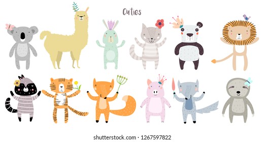 Llama, Lion, Tiger, Wolf, Panda, Cat, Bunny, Pig, Fox, Sloth, Koala, Raccoon Staying Together with Flowers. Animals in Cute Trendy Modern Cartoon Childish Style. Perfect for Print, Web, App etc