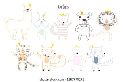 Llama, Lion, Tiger, Wolf, Panda, Cat, Bunny, Pig, and Fox Characters Staying Together in Crowns. Two Animals in Cute Trendy Modern Cartoon Childish Style. Perfect for Print, Web, App or Any Design