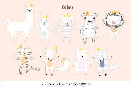 Llama, Lion, Tiger, Wolf, Panda, Cat, Bunny, Pig, and Fox Characters Staying Together in Crowns. Two Animals in Cute Trendy Modern Cartoon Outline Childish Style. Perfect for Print, Web, App