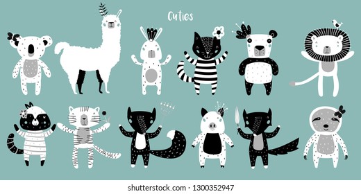 Llama, Lion, Tiger, Wolf, Panda, Cat, Bunny, Pig, Fox, Sloth, Koala, Raccoon Staying Together with Flowers. Animals in Cute Trendy Modern Cartoon Childish Style. Perfect for Print, Web, App etc