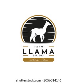 Llama Logo Vintage. With llama, or alpaca icon symbol. Retro, classic, premium, and luxury farm logo design vector