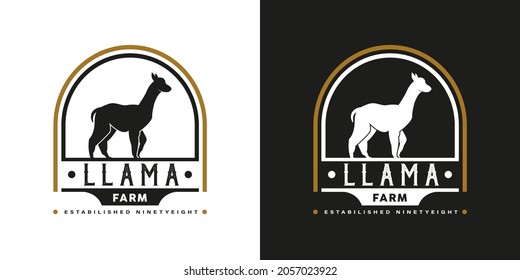 Llama Logo Vintage. With llama, or alpaca icon symbol. Retro, classic, premium, and luxury farm logo design vector
