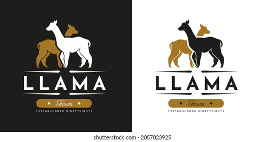 Llama Logo Vintage. With llama, or alpaca icon symbol. Retro, classic, premium, and luxury farm logo design vector