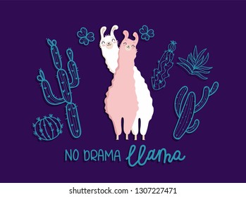 Llama in love, animal on white and pink color and text No Drama Llama. Vector illustration. Blue background with many details of cactus and flowers. Flat design.