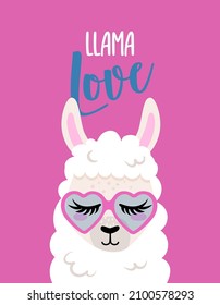 Llama Love - funny vector quotes and llama drawing. Lettering poster or t-shirt textile graphic design. Amazing llama character illustration on isolated pink background. Happy Valentine's Day.