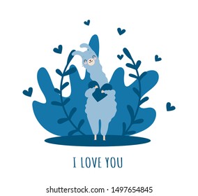 Llama in love with heart and many details. Cute alpaca. Typography poster,card,label,banner design set with background.Vector illustration.