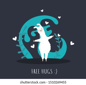 Llama in love with hearts  and many details. Free Hugs. Cute alpaca. Typography poster,card,label,banner design set with background.