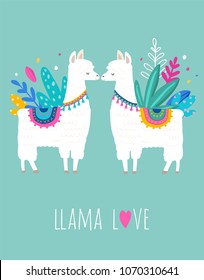 Llama Love illustration, cute hand drawn elements and design for nursery design, poster, birthday greeting card