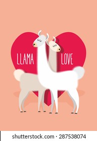 Llama love. Two Llama Alpaca on ackground of heart. Greeting card for Valentines day. Vector illustration
