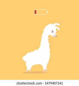 Llama with low battery level energy battery red. Sad alpaca. Flat vector illustration isolated on yellow background.