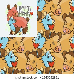 Llama Mama. Seamlees pattern with cute fluffy alpacas. Funny smiling cozy animals. Cartoon character vector doodle illustration.