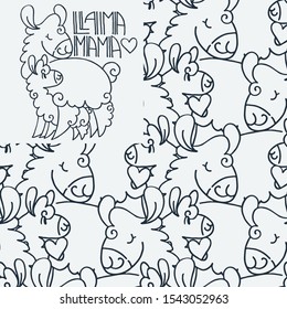 Llama Mama. Seamlees pattern with cute fluffy alpacas. Funny smiling cozy animals. Cartoon character vector doodle illustration.