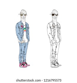 Llama man dressed up in retro jeans.  90s fashion look. Anthropomorphic animal illustration. Hand drawn vector graphic.