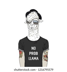 Llama man hipster with tattoo dressed up in cool tee shirt with quote. Anthropomorphic animal illustration. Hand drawn vector graphic.