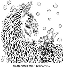 Llama. Mather and baby. Coloring Book page for Adult and children in doodle style.  Black and white  background. Hand-drawn winter lama.