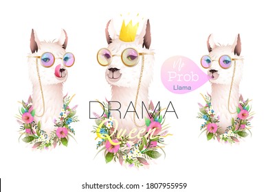 Llama no colección de diseñadores dramáticos para camisetas, tarjetas de felicitación y otros proyectos. Gráfica vectorial realista de la ilustración de animales de la lama con letras de citas modernas doradas. Vector de acuarela.