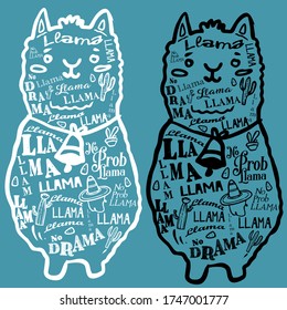 llama no drama, vector, black and white, animal cute, pet, alpaca