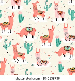 Llama on a cloud seamless pattern with lovely flowers and cacti in vector.