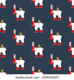 Llama on skates seamless pattern on the blue background. Vector illustration