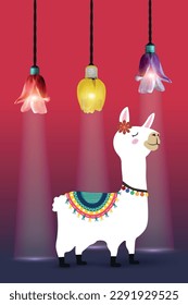 Llama on stage with Colored flowers, tulips in shape of electric Lamp, light bulb. Creative Art image. Ecology light and energy save concept. copy space for Text.