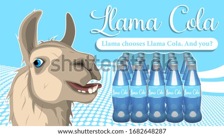 Llama with a package of carbonated soft drinks. Funny llama advertises cola.