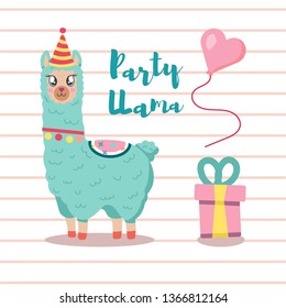 Llama party, cute hand drawn illustration and design for nursery design, poster, birthday greeting card