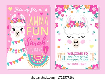 Llama party invitation template with colourful design vector illustration. Bright decorations for event flat style. Happy birthday celebration concept. Isolated on pink background