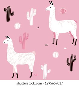Llama  pattern with cactus. hand drawn alpaca and lama cute childish background. Girly fabric, cartoon textile Vector Illustration