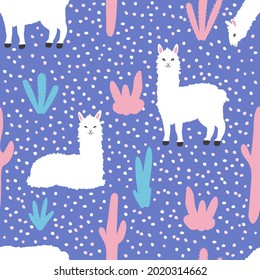 The llama pattern. Cute alpacas and cacti on a pink background. Vector hand-drawn children's collection for decorating a children's room, children's goods, fabrics, backgrounds, packaging, covers.