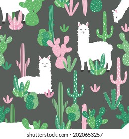 The llama pattern. Cute alpacas and cacti on a pink background. Vector hand-drawn children's collection for decorating a children's room, children's goods, fabrics, backgrounds, packaging, covers.
