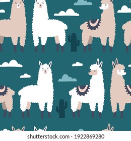 Llama pattern. Lama seamless handdrawn print. Vector cartoon textile template