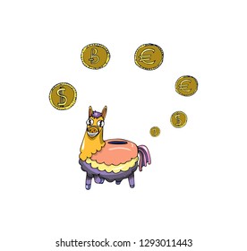 Llama piggy bank and coin with a sign of popular currencies