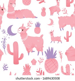 Llama and pineapple, cactus, and moon, sweet pink pastel colors childish seamless pattern.