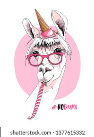 Llama in a pink glasses, ice cream party hat, and with a party whistle blowing. #No drama - lettering quote. Happy birthday humor card, t-shirt composition, hand drawn style print. Vector illustration