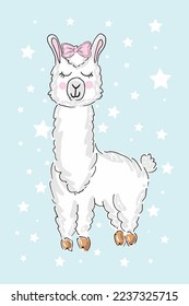 Llama, pink print girl. Lama vector illustration. Cute funny trendy design for children, kids, smile, magic animal. Birthday card, sticker, fabric textile