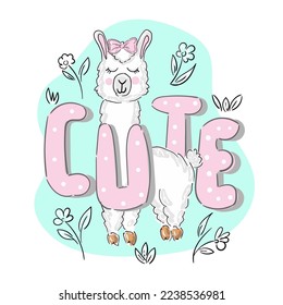 Llama, pink print girl with lettering Cute. Lama vector illustration. Cute funny trendy design for children, kids, smile, magic animal. Birthday card, sticker, fabric textile