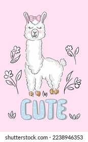 Llama, pink print girl with lettering Cute. Lama vector illustration. Cute funny trendy design for children, kids, smile, magic animal. Birthday card, sticker, fabric textile