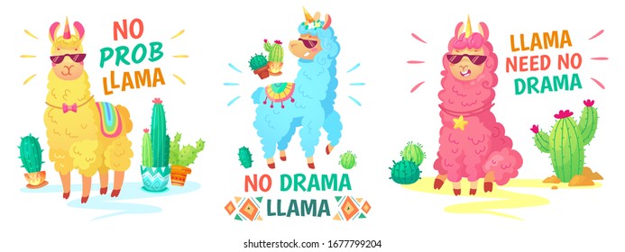 Llama poster. No drama llama and no prob llama vector illustration set. Alpaca character, lama no drama, funny and happy colored animal