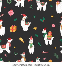 Llama print. Cute cartoon alpaca, christmas branches and gifts. Holiday vector seamless pattern